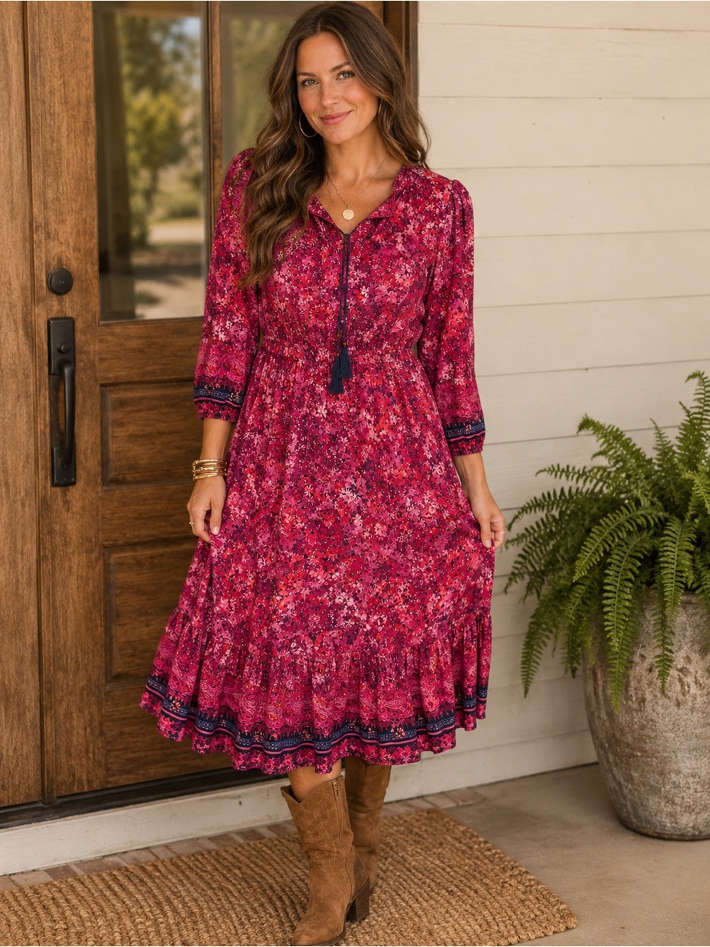 Frye Floral Boho Tassel Midi Dress in Fuchsia Size M Peasant Prairie
